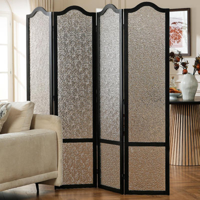 4 Panel Acrylic Room Divider Privacy Screen Translucent Folding Partition with Paulownia Wood Frame Black, Shatterproof & Space-Saving for Living Room, Bedroom, Office