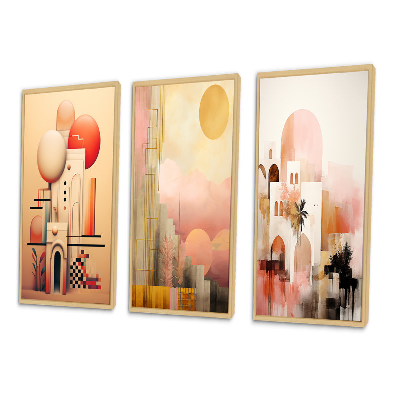 " Charming Oriental City Boho Retro Illustration " 3 - Pieces, Natural Floater Framed, 28" H x 36" W