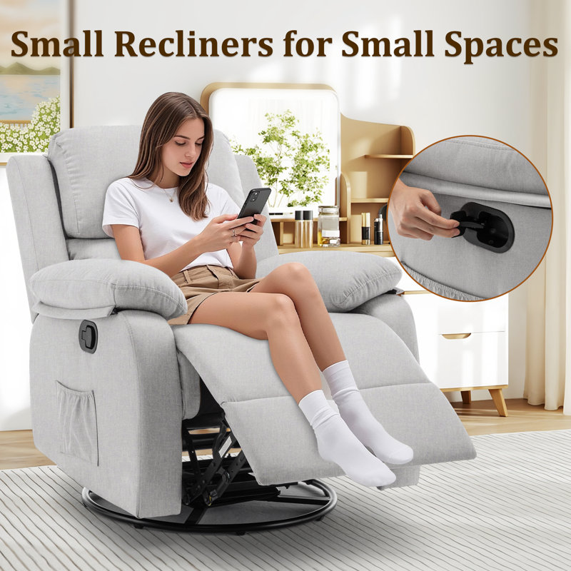 KORSER Recliner Chair, Manual Recliner, 360 Swivel Recliners For Small Spaces ,Rocker Recliner With Side Pockets, Light Gray