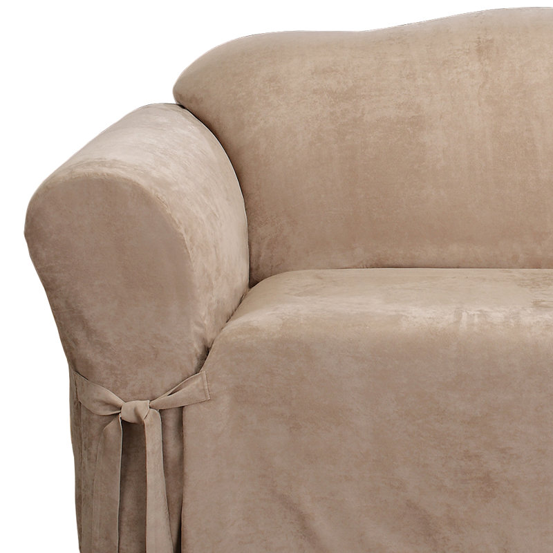 Taupe Stretch Suede Loveseat Slipcover with Side Ties