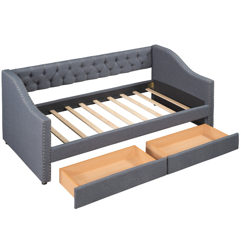 Upholstered Twin Size Daybed With Two Drawers, Wood Slat Support, Grey