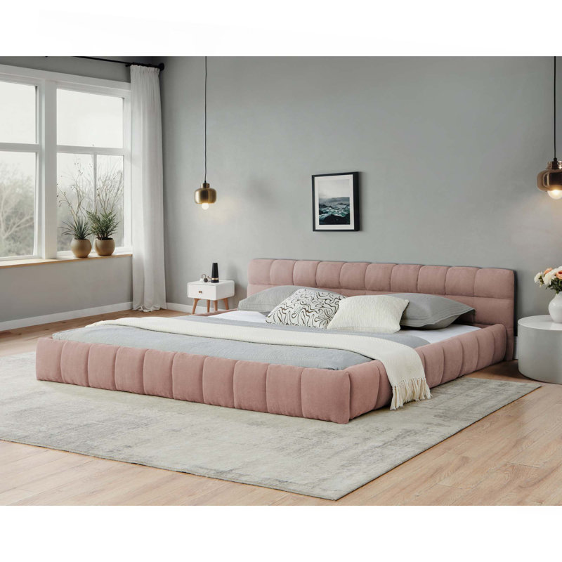 Structure de lit tapissier avec tissu épais, lit plateforme en chenille avec tête de lit et structure solide, aucun sommier nécessaire