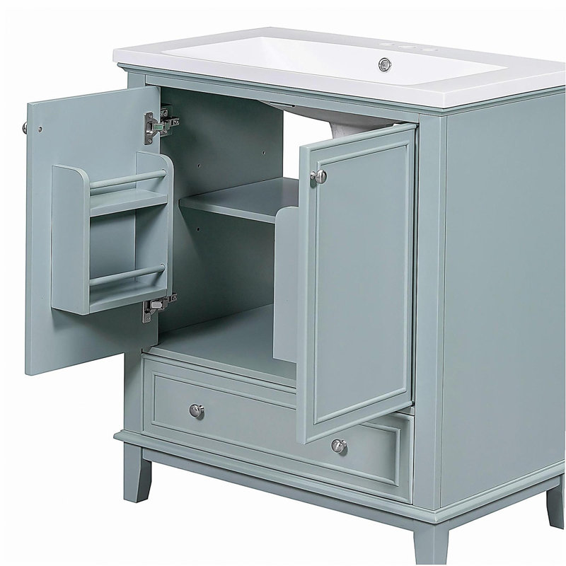 Ensemble de lavabo pour salle de bain de 30 pouces, armoire de bain multifonctionnelle avec porte et tiroir, structure en bois massif et panneau de fibres à densité moyenne