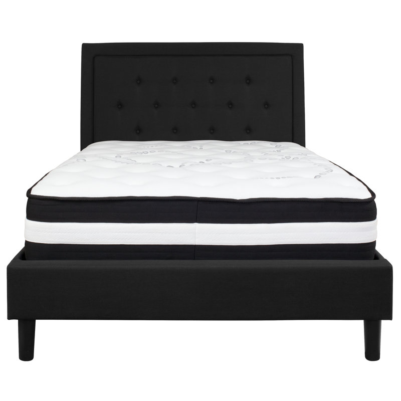 Aluino Panel Tufted Upholstered Platform Bed and Pocket Spring Mattress, Full, Black