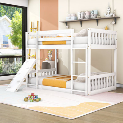 Twin Over Twin Wooden Floor Bunk Bed With Climbing Ramp And Ladder