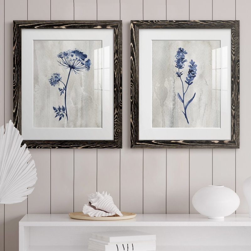 «Indigo Botanical I», ensemble de 2 reproductions d'impressions, Impression encadrée avec passe-partout, Noir