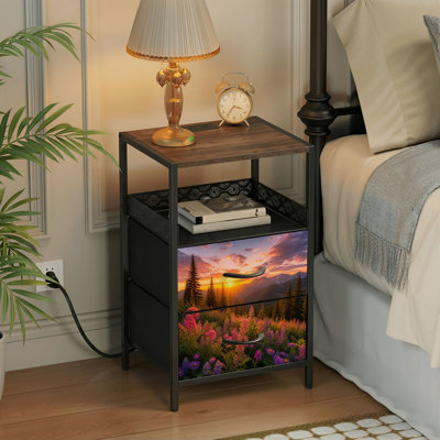 Table de chevet 2 tiroirs avec station de charge, table de chevet pour chambre avec ports USB et amp; Table de chevet noire Outlets à tablette ouverte avec impression de ciel dramatique sauvage