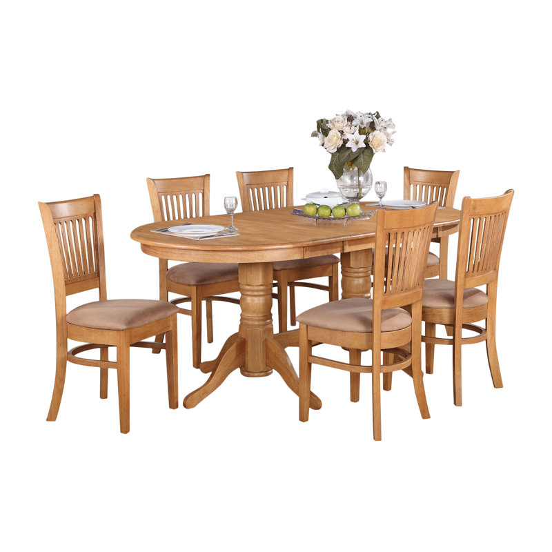 7 Piece Kitchen Table Set Consist of an Oval Dining Table with Butterfly Leaf and 6 Linen Fabric Dining Room Chairs, Oak, Oak