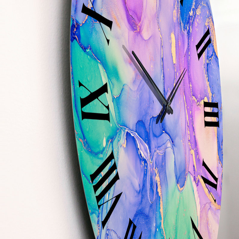 Horloge murale moderne bleue et mauve à l'encre de marbre, Surdimensionné