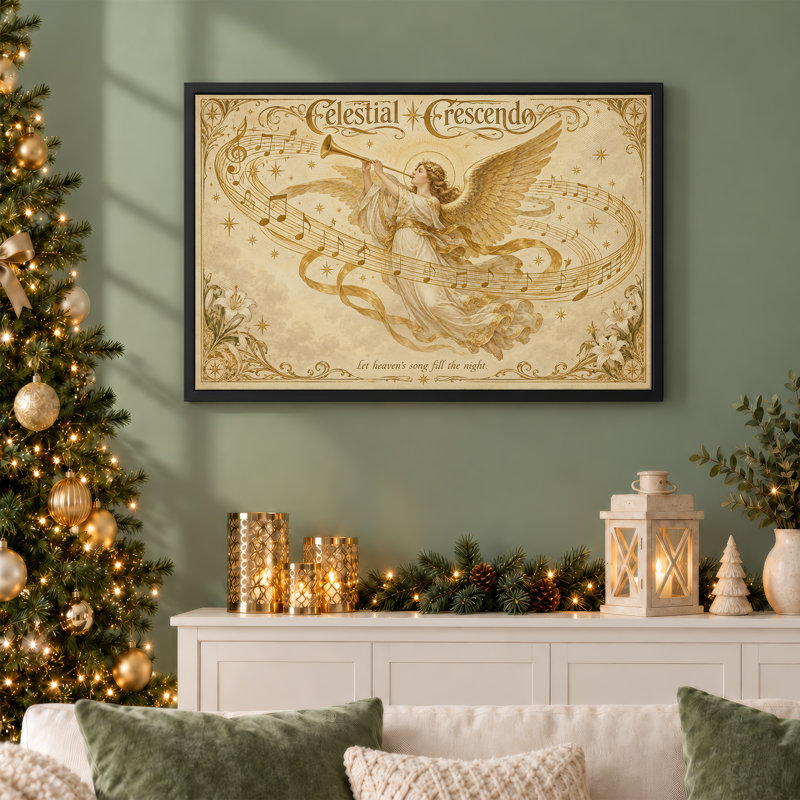 Toile de Noël avec ange doré jouant de la trompette avec notes de musique, H 16 po x l 24 po