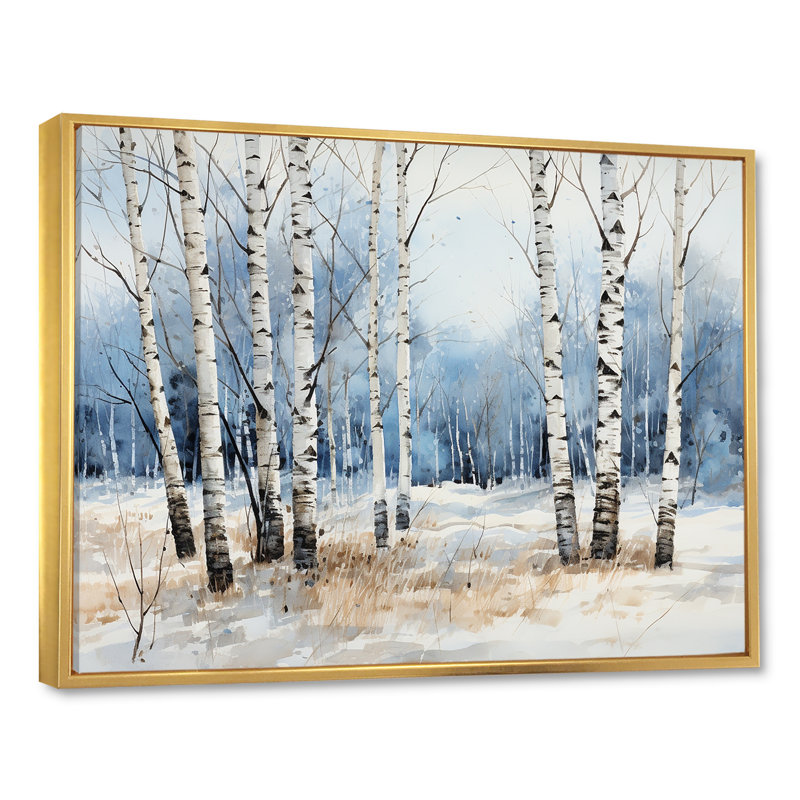 Bois de bouleau blanc et bleu en hiver - Art mural bouleau, H 30 po x l 40 po x P 1,5 po, Cadre flottant doré