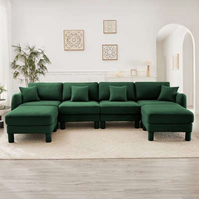 Boucle Fabric U Shape Sectional 4 - Seater Sofa Couch With Distinctive Shell - Shaped Armrests, 2 Movable Ottomans And Cylindrical Legs For Comfortable Living Spaces