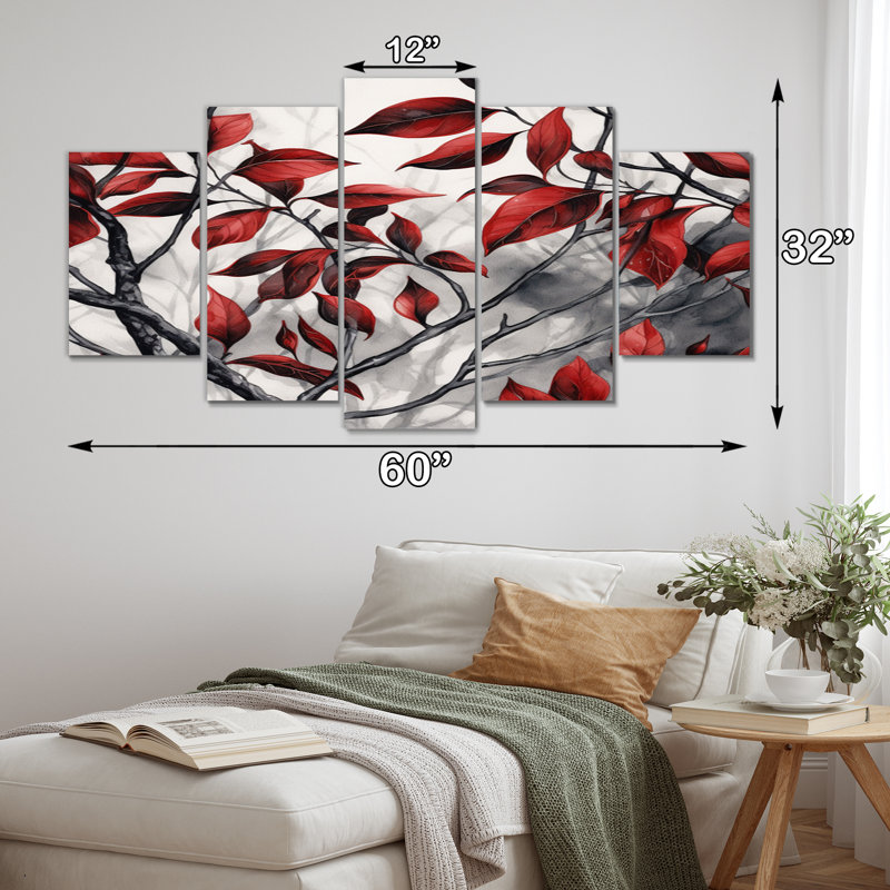 " Red Grey Leaves On Tree VI " 5 - Pieces