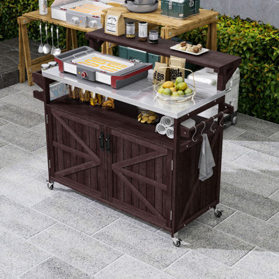Chariot-grill pour îlot de cuisine avec tablette surélevée, armoire de rangement et plateau en acier inoxydable