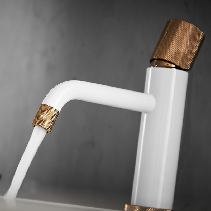 Contemporary White & Rose Gold Bathroom Basin Tap - Deck Mounted Handle Mixer Faucet One Ceramic Filler