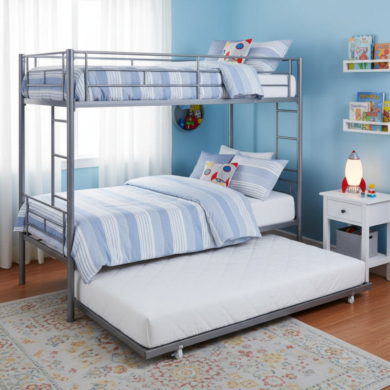 Lit superposé simple au-dessus d'un lit simple en métal avec lit gigogne pour adolescents et adultes, Argent argent