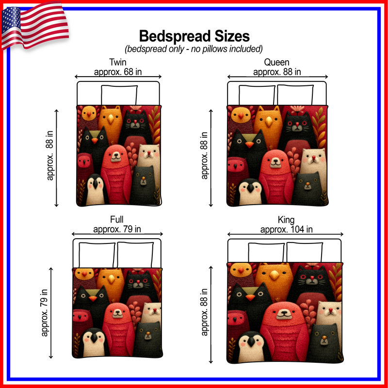 Cute Animal Illustrations Bedding Animals Bedspread Art, Queen