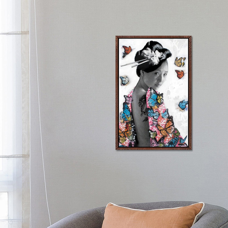 Lady O' Butterflies by D13EGO - Print on Canvas, 66.04 cm H x 45.72 cm W, Brown Framed Canvas