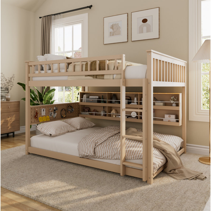 Lit superposé double au-dessus de double avec tablettes intégrées, lumières à changement de couleur et panneau perforé, beige