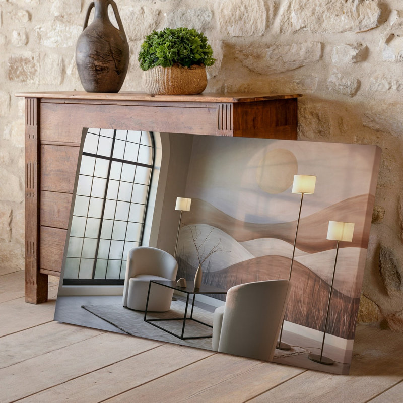 Canvas A Serene Contemporary Living Space Featuring Two Elegant White Armchairs Wall Art With Curved Backs Set Against A Soft Muted Canvas Wall Art