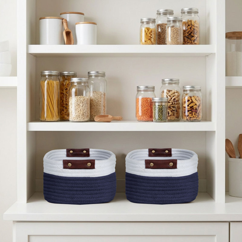 Reva Collection 100% Cotton Storage Basket, Woven Rectangular Organizer Bin, 11" x 9" x 6", for Shelf Storage, Closet Organization, Bathroom, Nursery, Pantry & Office, Decorative Basket, Navy