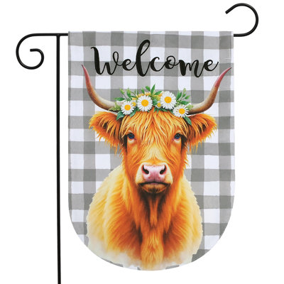 Checkered Highland Cow Burlap Garden Flag