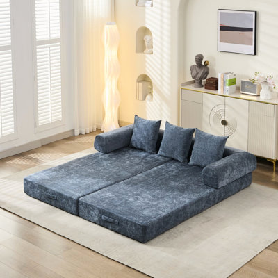 Lit convertible pliant en bleu, polyvalent pour se prélasser et dormir, tissu chenille doux, espace de rangement, rembourrage rapide après avoir déballé le matelas pour dormir, rembourrage, oreillers inclus