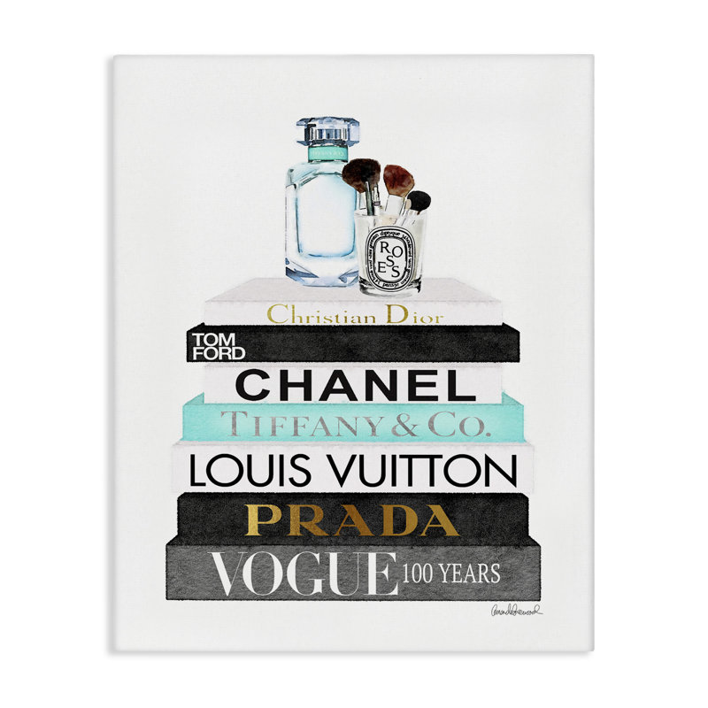 «Book Stack Perfume Brushes Glam Fashion», reproduction de peinture à l'aquarelle, H 20 po x l 16 po