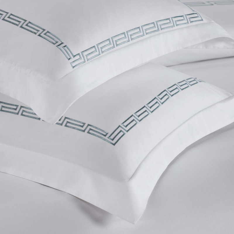 White-Silver Greek Key Embroidered Cotton Duvet Cover Set