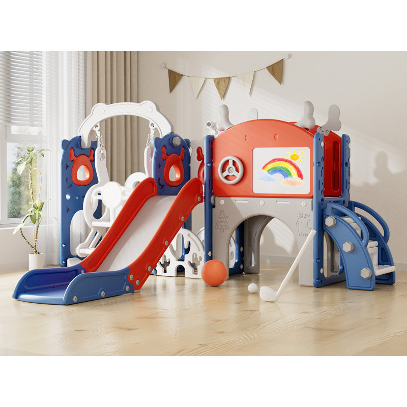 13 In 1 Kids Slide For Toddlers, Toddler Slide Playset With Swing, Golf, Drawing Board, Basketball Hoop And Storage Space