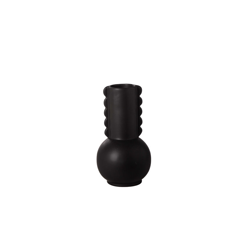 Vase rond en céramique à long col et motif à bosses latérales MD fini noir mat 5,00 po x 5,00 po x H 8,75 po
