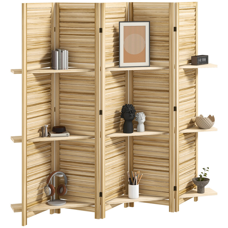 Room Divider, 5 Panel 67" Tall Wood Privacy Screen with 3 Display Shelves, and Folding Storage for Bedroom or Home Office, Natural Wood