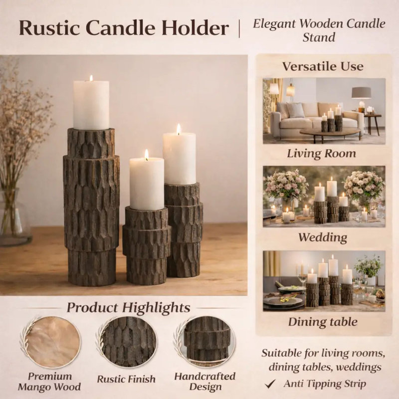 Rustic Wood Candle Holder | Decorative Wooden Candle Stand | 4x8 inches, 4" H x 4" W x 8" D