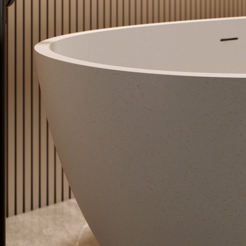 63'' Freestanding Bathtub With Beige Stone Resin Surface, Overflow And Pop - Up Drain, Slow Heat Loss, Easy Installation, Spacious Design Soaking Solid Beige, Material, To Clean, For One Bather,