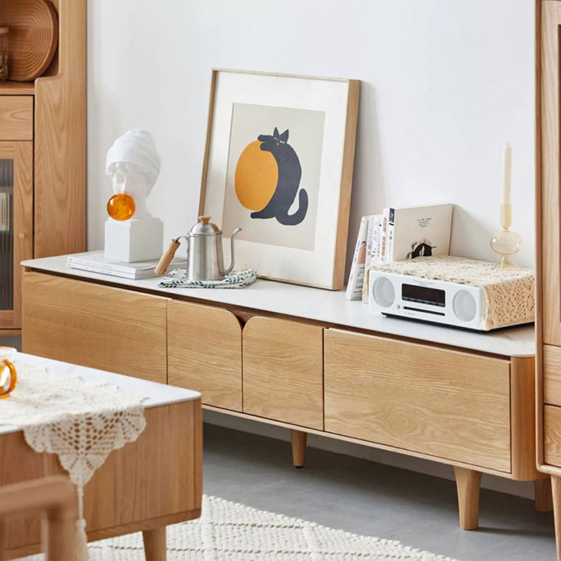 Meuble télé 59,06 po blanc + pierre Burlywood + bois massif