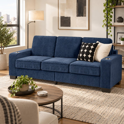 83.9" W Modern 3-Seat Corduroy Sofa with Built-In Cup Holders and Removable Cushions