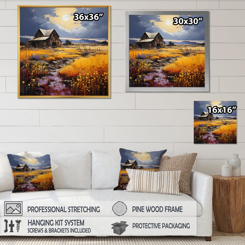 Yellow Barn Minimalsim Landscape I - reproduction, Cadre simple blanc, H 36 po x l 36 po x P 1,5 po