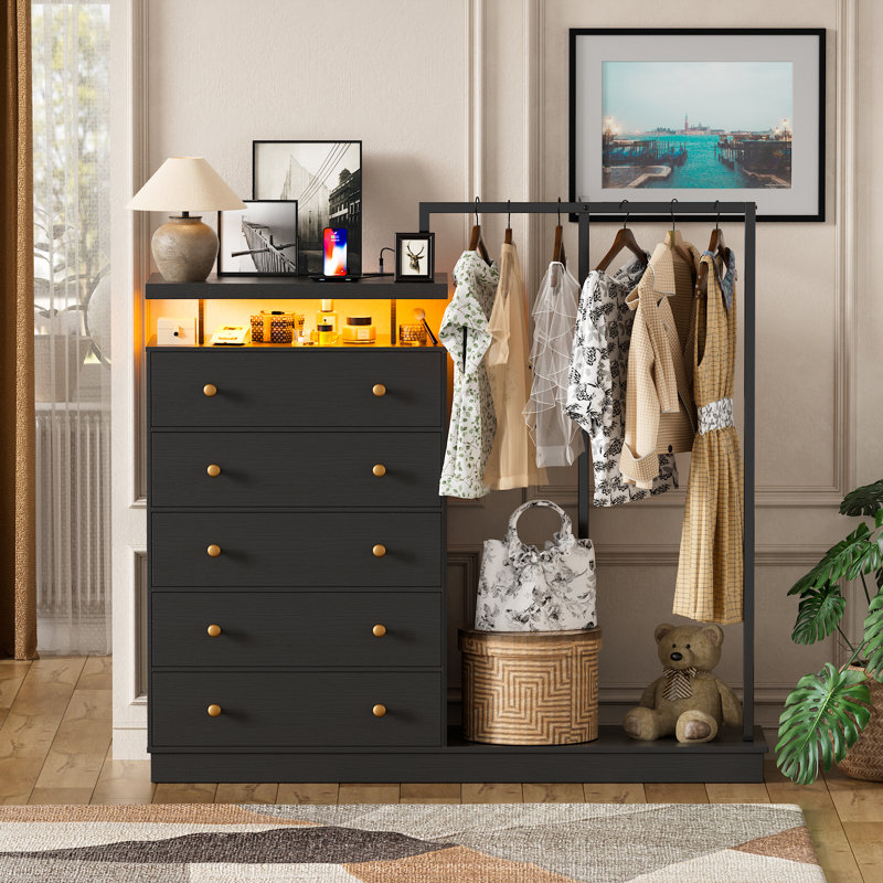 dresser for clothing Wrought Studio™ Black Tall Dresser With Hanging Rack, 5 Drawer Clothes  Dresser With Charging Station And Led Lights