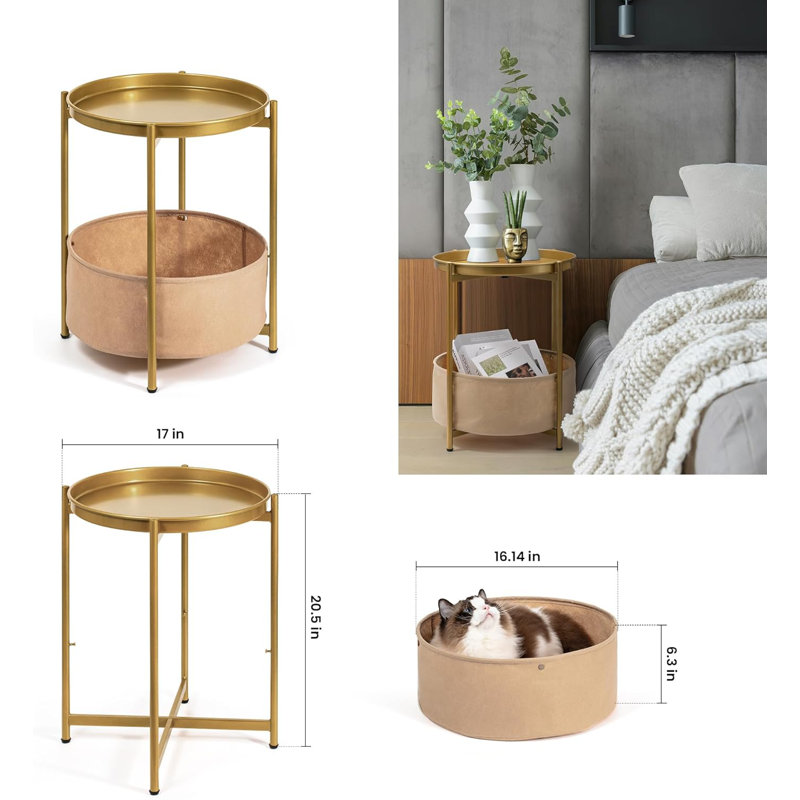 Round Side Table With Storage Basket, Gold Metal Nightstand With Removable Tray, Sturdy End Table For Bedroom, Living Room, Nursery, Patio (Gold)