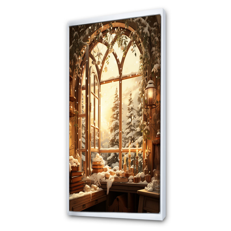 «Christmas Winter Window View I - Winter Landscape», impressions sur toile, Cadre flottant blanc