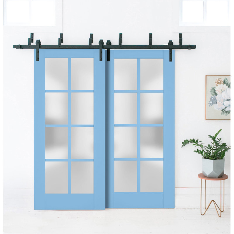 Portes coulissantes de style grange avec verre dépoli Veregio 7412 Aquamarine, rails robustes de 2 m, quincaillerie incluse, portes de placard de chambre en bois massif - 60 x 96 (2 x 30 x 96)