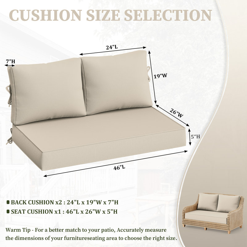 Wynee Outdoor 5'' Loveseat Cushions Bench Seat / Back Cushion, Only Cushions, Beige