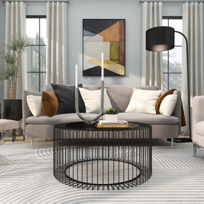Table basse à cage noire en métal avec plateau en verre ombré Thibault 32 po x 32 po x 15 po