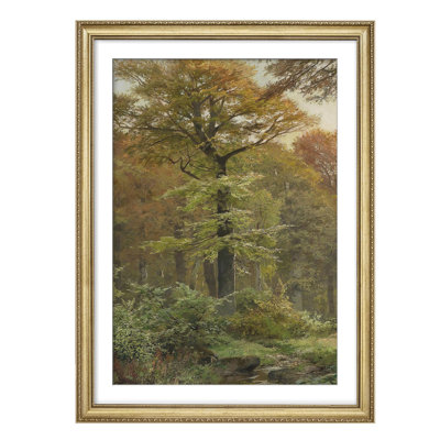 "Arbre majestueux dans une forêt verdoyante verdoyante et grande forêt encadrée or"