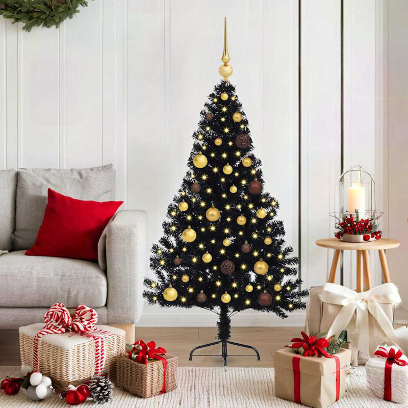 4.92' H Lighted Artificial Christmas Tree, Black, 150 cm, with 60 Gold/Bronze Balls