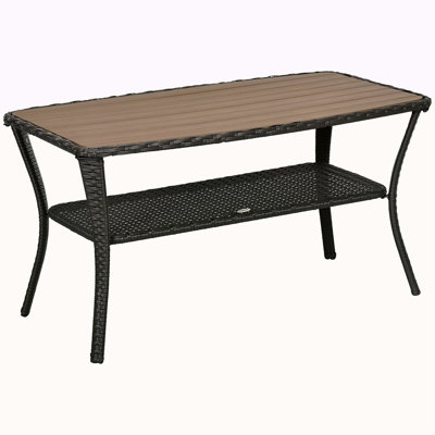 Outsunny Patio PE Rattan Coffee Table With Storage Shelf, Hand-Woven Wicker Outdoor Side Table, 2-Layer Storage Table With Wood-Plastic Composite Top, For Garden, Porch, Backyard