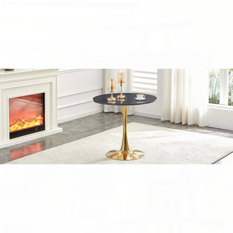 31.5" Round Tulip Table - Faux Marble, Pedestal Base, 2-4 Seats, 28.3" H x 31.5" W x 31.5" D, Black/Gold