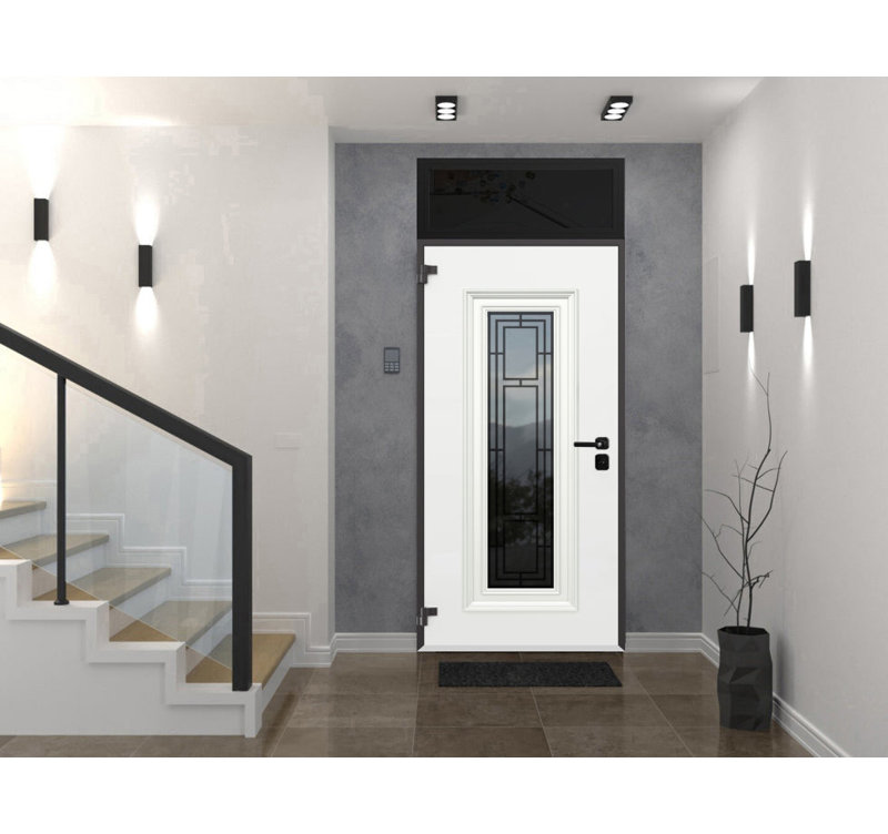Façade avant en acier pré-suspendu / porte en chêne naturel Ballucio 6644 / fenêtre extérieure supérieure avec panneau latéral / entrée en métal peint moderne l 36 po x H80 + 16 po à droite