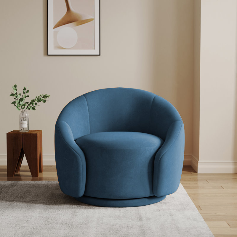 Fauteuil demi-tonneau pivotant rembourré Aunna, Velours bleu
