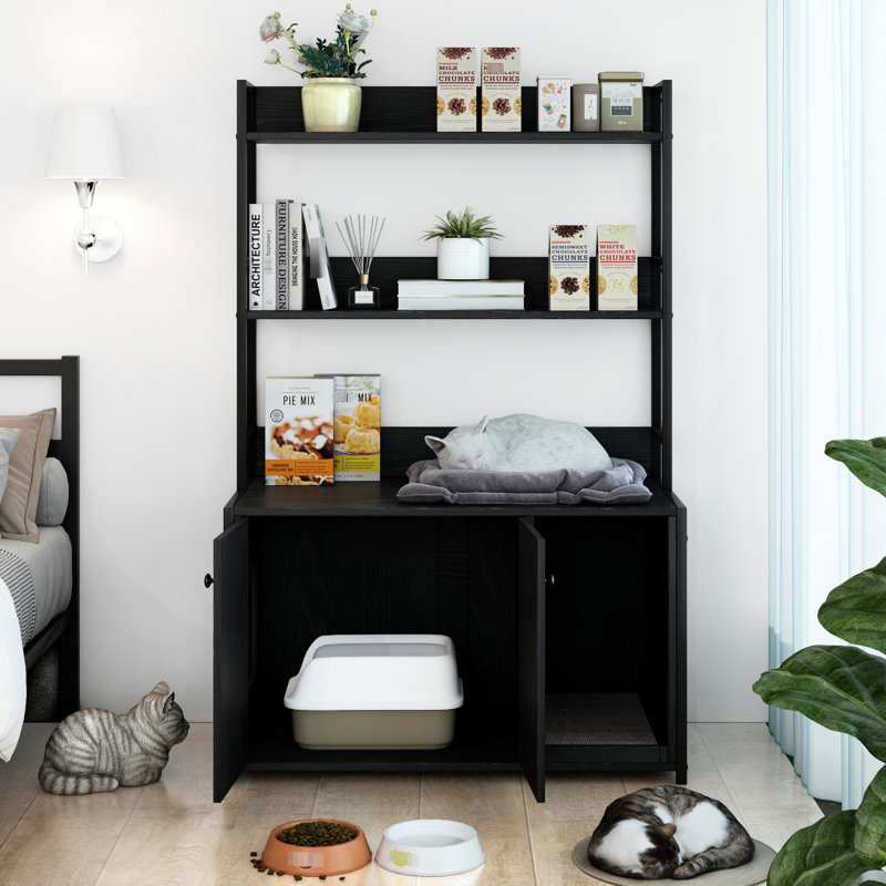 Grande armoire de toilette pour chat avec litière, étagère de rangement, maison en bois, bloc-notes, 2 portes, boîte cachée de style noir, étincelle